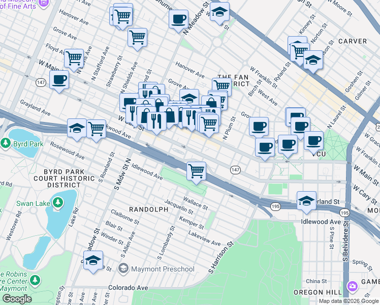 map of restaurants, bars, coffee shops, grocery stores, and more near in Richmond