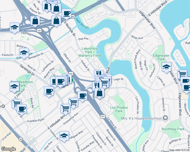 map of restaurants, bars, coffee shops, grocery stores, and more near 2861 Holland Street in San Mateo