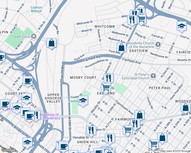 map of restaurants, bars, coffee shops, grocery stores, and more near 2106 Redd Street in Richmond