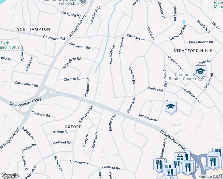 map of restaurants, bars, coffee shops, grocery stores, and more near 3630 Wakefield Road in Richmond