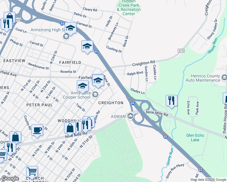 map of restaurants, bars, coffee shops, grocery stores, and more near 2300 Creighton Road in Richmond