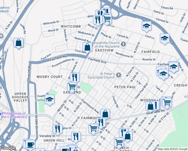 map of restaurants, bars, coffee shops, grocery stores, and more near 1500 North 19th Street in Richmond
