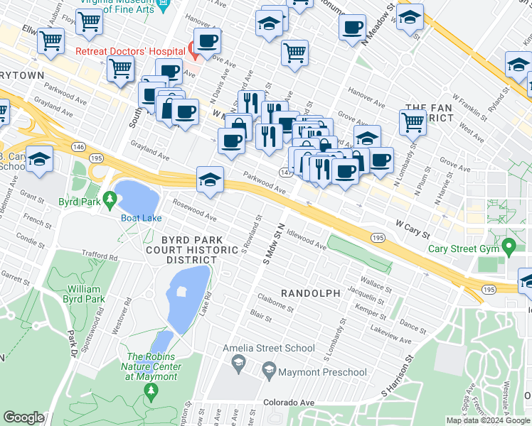 map of restaurants, bars, coffee shops, grocery stores, and more near 309 South Rowland Street in Richmond