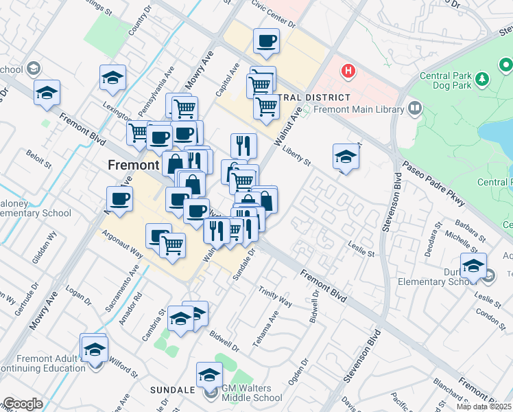 map of restaurants, bars, coffee shops, grocery stores, and more near 3850 Walnut Avenue in Fremont
