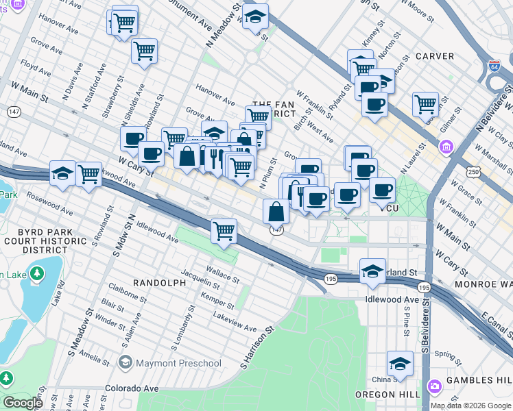 map of restaurants, bars, coffee shops, grocery stores, and more near 20 South Plum Street in Richmond