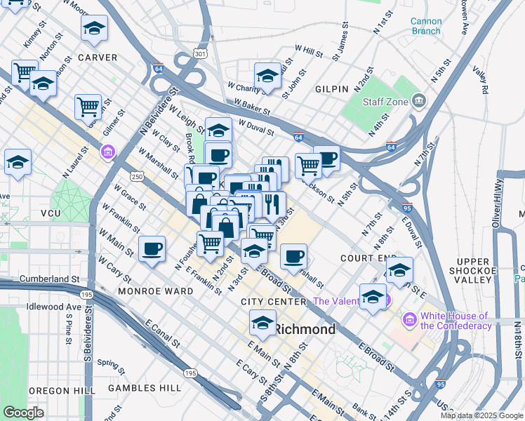 map of restaurants, bars, coffee shops, grocery stores, and more near 112 East Clay Street in Richmond