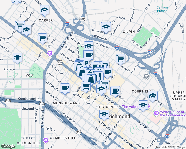 map of restaurants, bars, coffee shops, grocery stores, and more near 12 East Marshall Street in Richmond