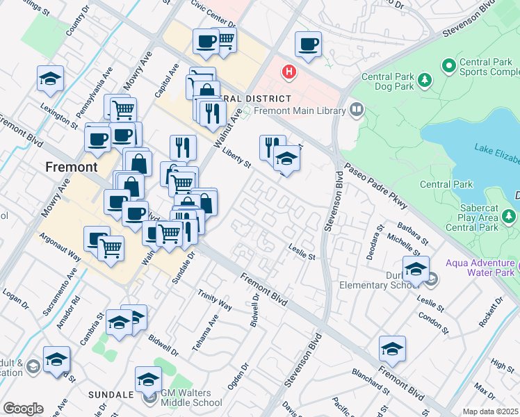 map of restaurants, bars, coffee shops, grocery stores, and more near 3731 Langdon Common in Fremont