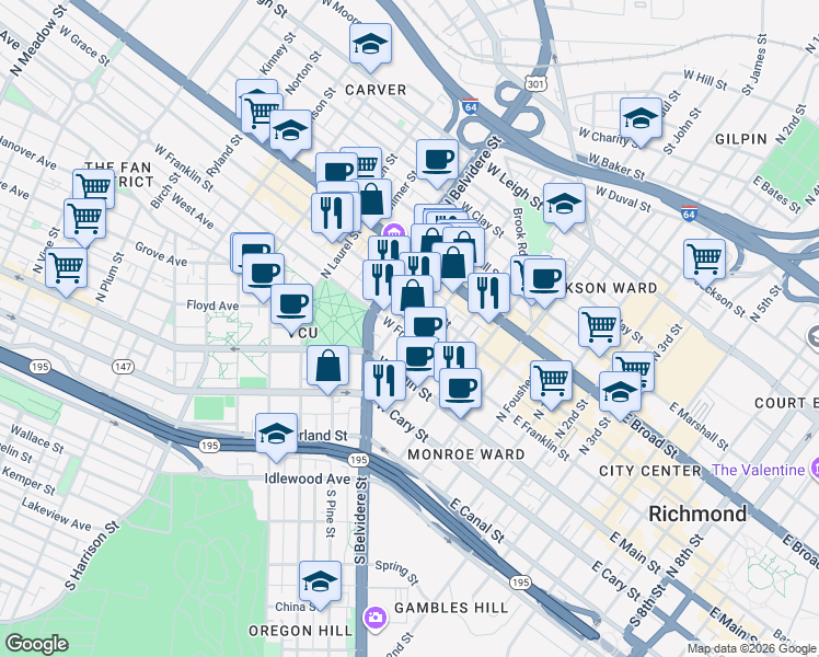 map of restaurants, bars, coffee shops, grocery stores, and more near 501 West Franklin Street in Richmond