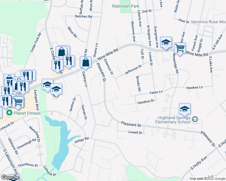 map of restaurants, bars, coffee shops, grocery stores, and more near 1017 Yates Terrace in Richmond