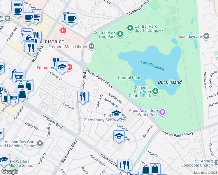 map of restaurants, bars, coffee shops, grocery stores, and more near 39967 Paseo Padre Parkway in Fremont