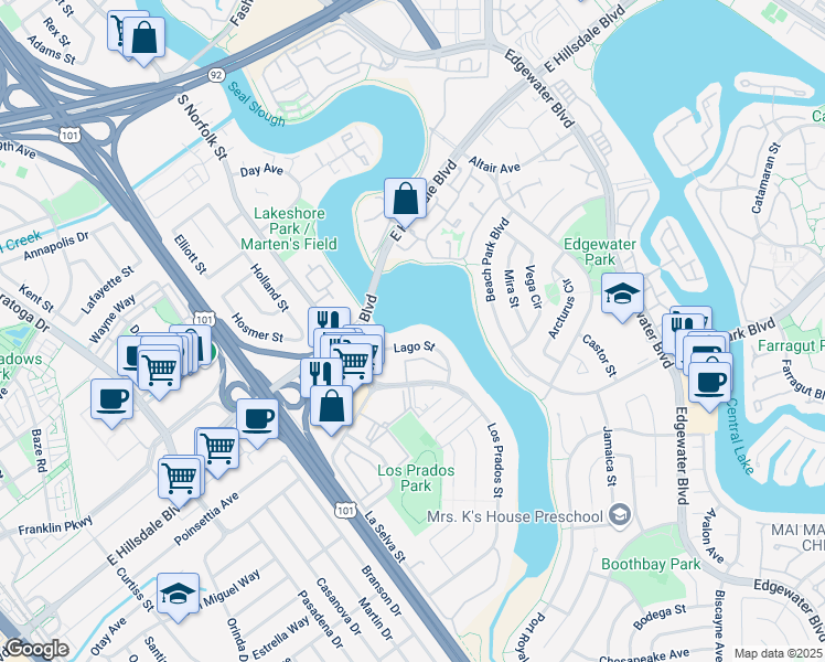 map of restaurants, bars, coffee shops, grocery stores, and more near 1553 Lago Street in San Mateo