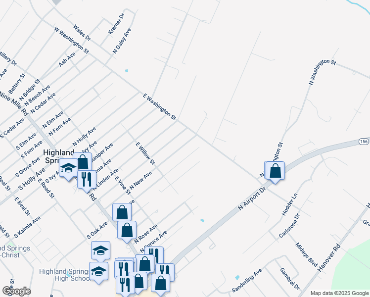 map of restaurants, bars, coffee shops, grocery stores, and more near 233 North New Avenue in Highland Springs