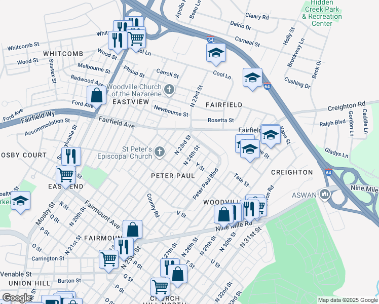 map of restaurants, bars, coffee shops, grocery stores, and more near 1902 North 24th Street in Richmond