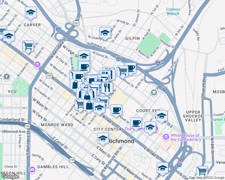 map of restaurants, bars, coffee shops, grocery stores, and more near 512 North 3rd Street in Richmond