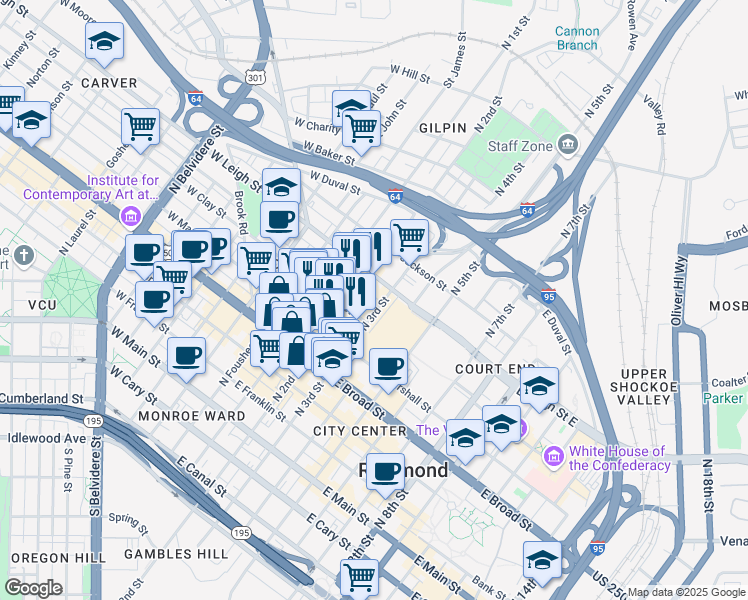 map of restaurants, bars, coffee shops, grocery stores, and more near 512 North 3rd Street in Richmond