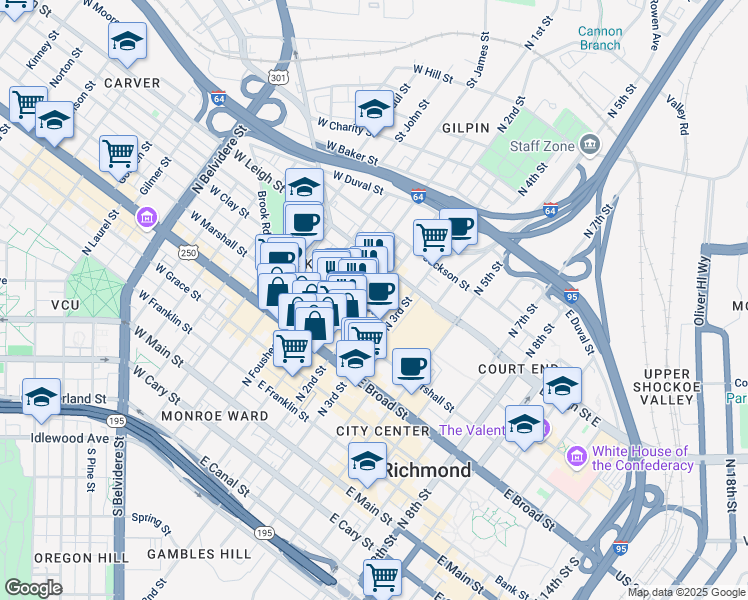 map of restaurants, bars, coffee shops, grocery stores, and more near 107 East Clay Street in Richmond