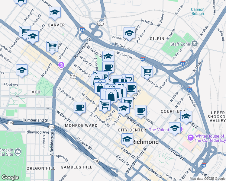 map of restaurants, bars, coffee shops, grocery stores, and more near 12 East Marshall Street in Richmond