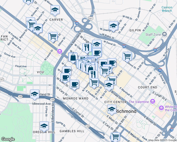 map of restaurants, bars, coffee shops, grocery stores, and more near 308 North Adams Street in Richmond