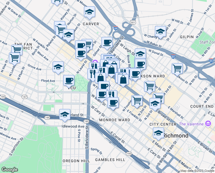 map of restaurants, bars, coffee shops, grocery stores, and more near 321 West Grace Street in Richmond