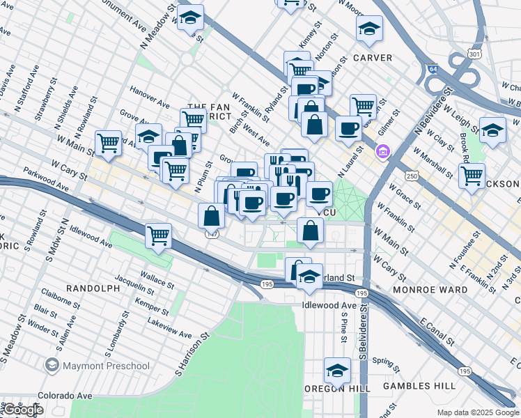 map of restaurants, bars, coffee shops, grocery stores, and more near 14 North Harrison Street in Richmond