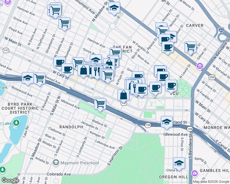 map of restaurants, bars, coffee shops, grocery stores, and more near 20 South Plum Street in Richmond