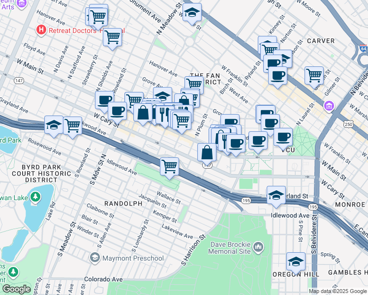 map of restaurants, bars, coffee shops, grocery stores, and more near 20 South Plum Street in Richmond