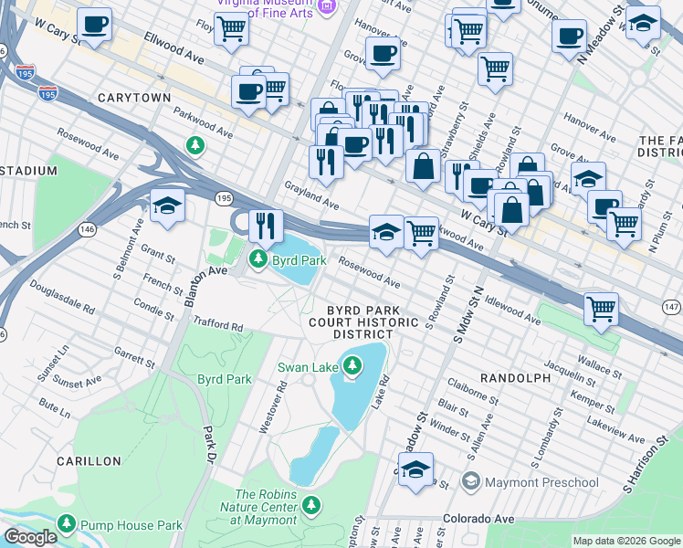 map of restaurants, bars, coffee shops, grocery stores, and more near 2403 Rosewood Avenue in Richmond