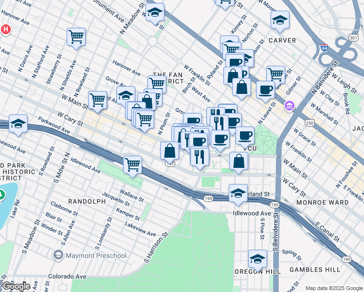 map of restaurants, bars, coffee shops, grocery stores, and more near in Richmond