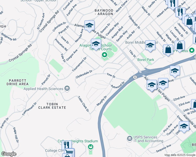 map of restaurants, bars, coffee shops, grocery stores, and more near 1301 Ashwood Court in San Mateo