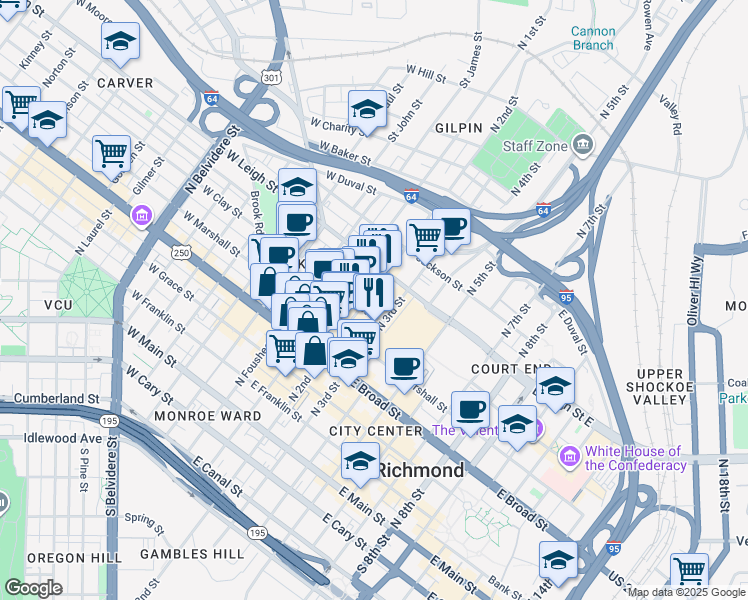 map of restaurants, bars, coffee shops, grocery stores, and more near 501 North 2nd Street in Richmond