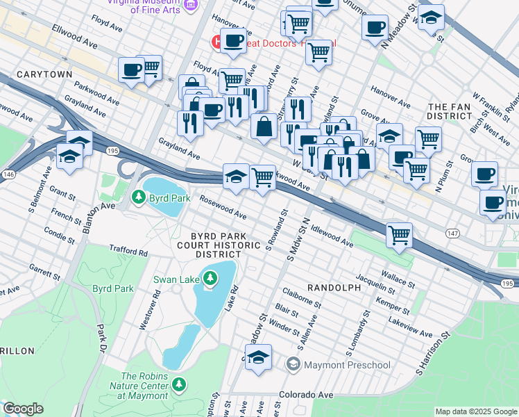 map of restaurants, bars, coffee shops, grocery stores, and more near 2201 Idlewood Ave in Richmond