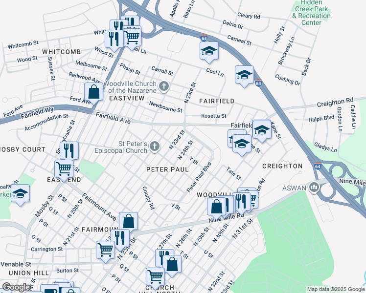 map of restaurants, bars, coffee shops, grocery stores, and more near 1902 North 24th Street in Richmond