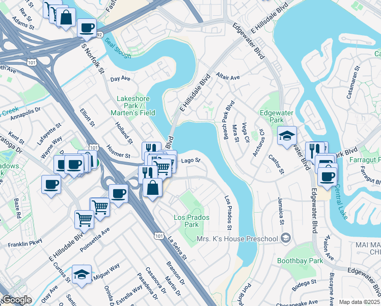 map of restaurants, bars, coffee shops, grocery stores, and more near 1553 Lago Street in San Mateo
