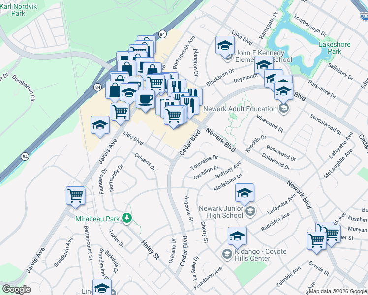 map of restaurants, bars, coffee shops, grocery stores, and more near 6117 Cedar Boulevard in Newark