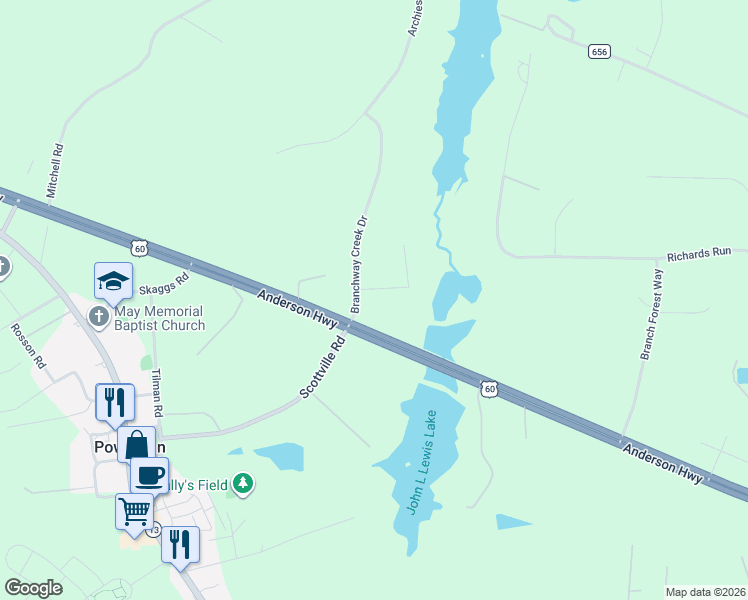 map of restaurants, bars, coffee shops, grocery stores, and more near 2300 Branchway Creek Drive in Powhatan