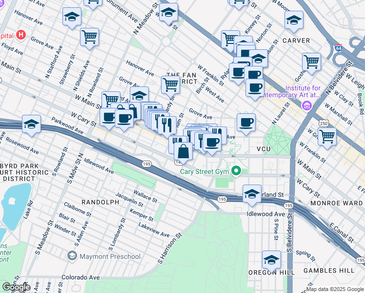 map of restaurants, bars, coffee shops, grocery stores, and more near 1401 Virginia 147 in Richmond