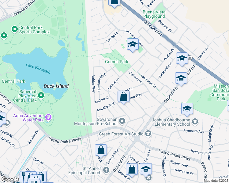 map of restaurants, bars, coffee shops, grocery stores, and more near 40740 Marino Court in Fremont