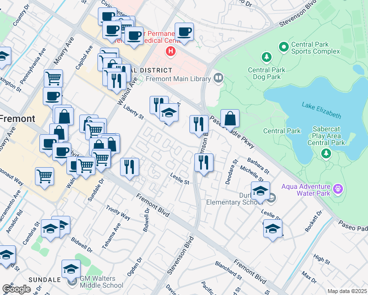 map of restaurants, bars, coffee shops, grocery stores, and more near 3470 Hart Common in Fremont