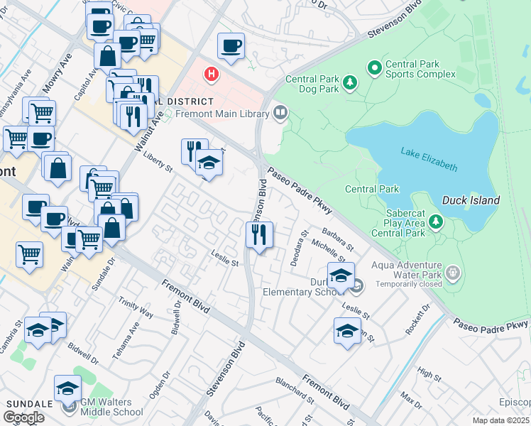 map of restaurants, bars, coffee shops, grocery stores, and more near 3161 Stevenson Boulevard in Fremont