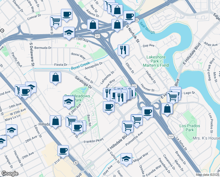 map of restaurants, bars, coffee shops, grocery stores, and more near 1051 Yates Way in San Mateo
