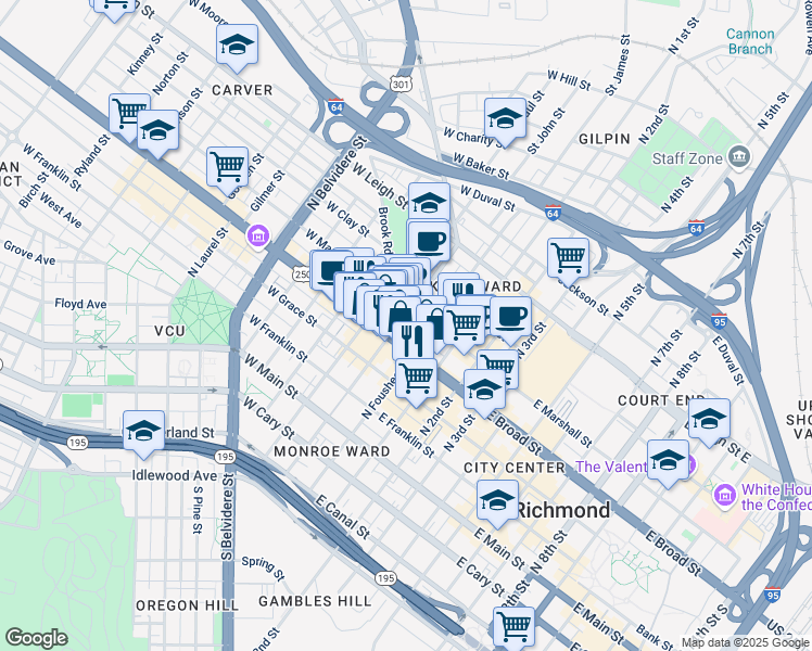 map of restaurants, bars, coffee shops, grocery stores, and more near 315 North Adams Street in Richmond