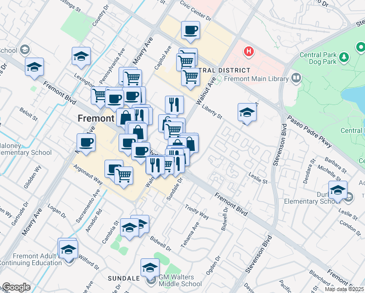 map of restaurants, bars, coffee shops, grocery stores, and more near 3850 Walnut Avenue in Fremont