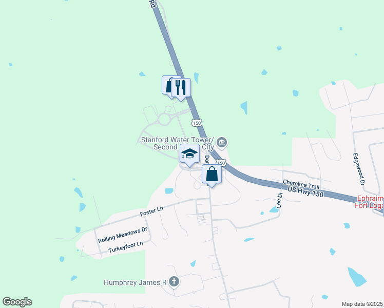 map of restaurants, bars, coffee shops, grocery stores, and more near 104 Cane Run Road in Stanford