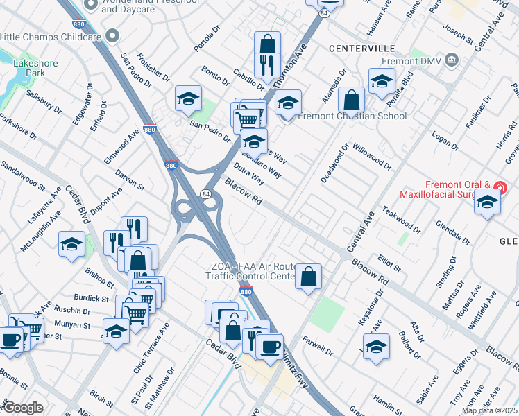 map of restaurants, bars, coffee shops, grocery stores, and more near 37209 Alexander Street in Fremont