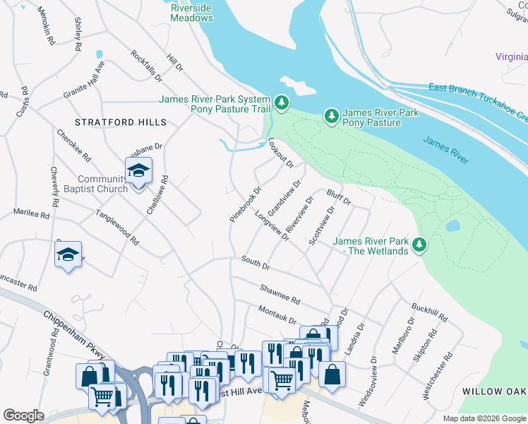 map of restaurants, bars, coffee shops, grocery stores, and more near 3404 Grandview Drive in Richmond