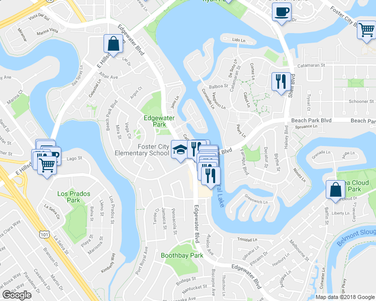map of restaurants, bars, coffee shops, grocery stores, and more near 870 Ursa Lane in Foster City