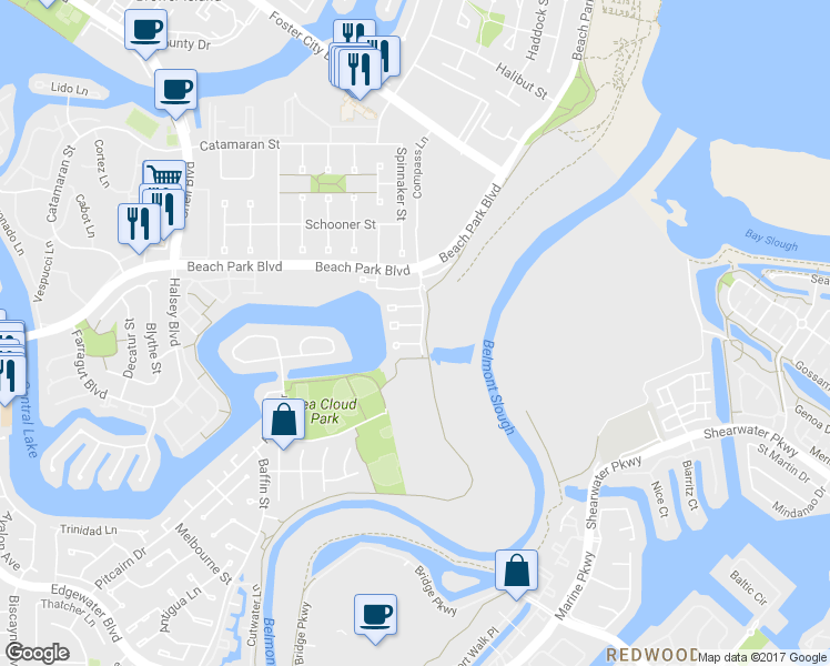 map of restaurants, bars, coffee shops, grocery stores, and more near 1055 Helm Lane in Foster City