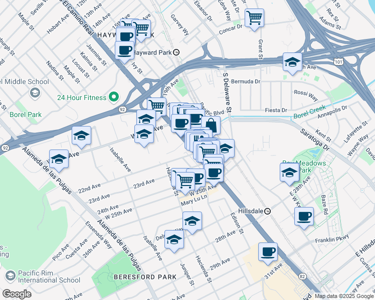 map of restaurants, bars, coffee shops, grocery stores, and more near 2174 South El Camino Real in San Mateo