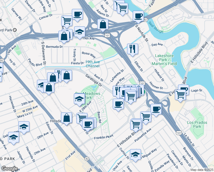 map of restaurants, bars, coffee shops, grocery stores, and more near 1010 Lafayette Street in San Mateo